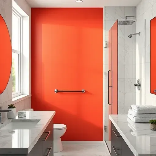 Freshly painted bathroom wall with vibrant finish, modern fixtures, marble countertop, and natural light in Milwaukee Wisconsin