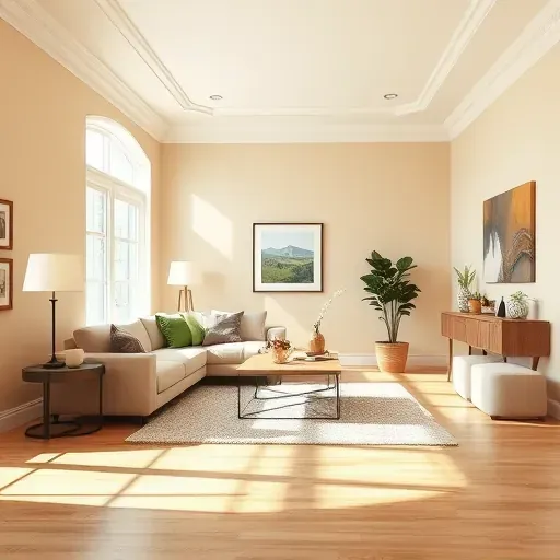 Modern living room with beige painted walls, stylish furniture, natural light, hardwood floors, and tasteful decor in Union Grove WI