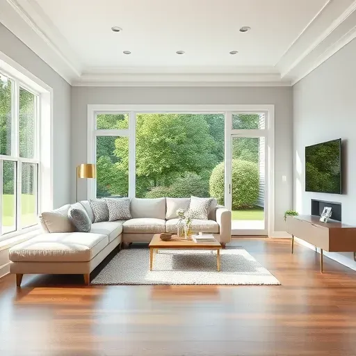 Freshly painted modern living room in Greendale Wisconsin with gray walls, white crown molding, hardwood floors, and sunlight highlighting cleanliness