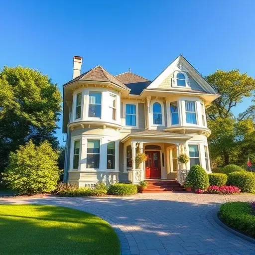 Completed painting project of a Victorian house in Port Washington WI, showcasing pastel colors and lush landscaping.
