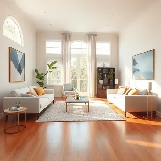 Freshly painted sleek modern living room in Fox Point Wisconsin with natural light, hardwood floors, and minimalist decor