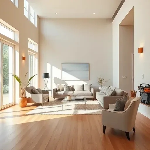 Freshly painted modern Shorewood living room with neutral walls, large windows, hardwood floor, minimalist furniture, and soft lighting