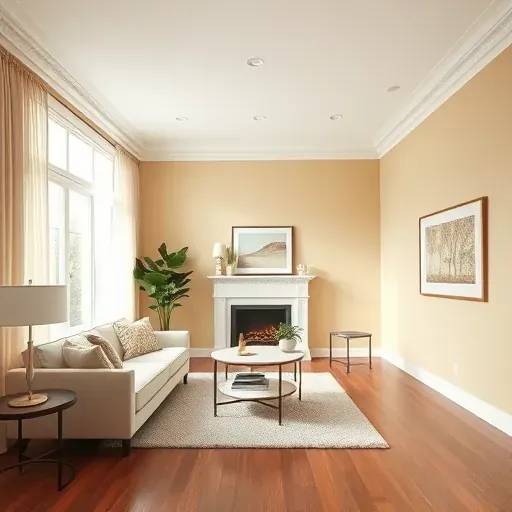 Beautifully painted modern living room in Union Grove WI with beige walls white moldings large windows and hardwood flooring