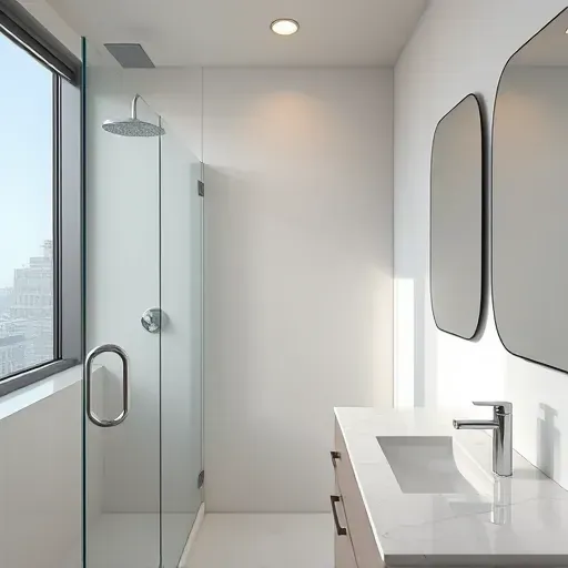 Beautiful modern Milwaukee bathroom with sleek neutral walls polished fixtures marble vanity and city view