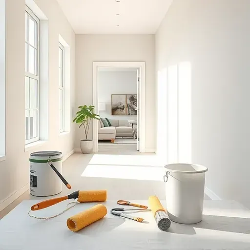 Interior room in Muskego WI with freshly painted smooth neutral walls, natural sunlight, organized painting tools, and modern decor