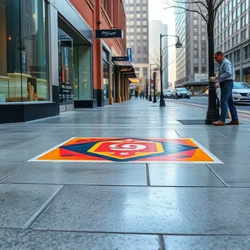 Freshly painted vibrant geometric sidewalk in Milwaukee with modern storefronts and cityscape reflection