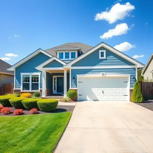 Freshly painted modern home in Oak Creek WI with soft blue and white trim, manicured gardens, and clear blue sky.