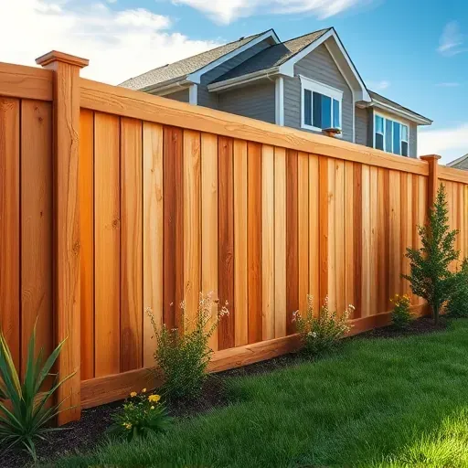 Freshly painted cedar fence in a lush Milwaukee backyard with vibrant landscaping and a modern house under bright blue sky