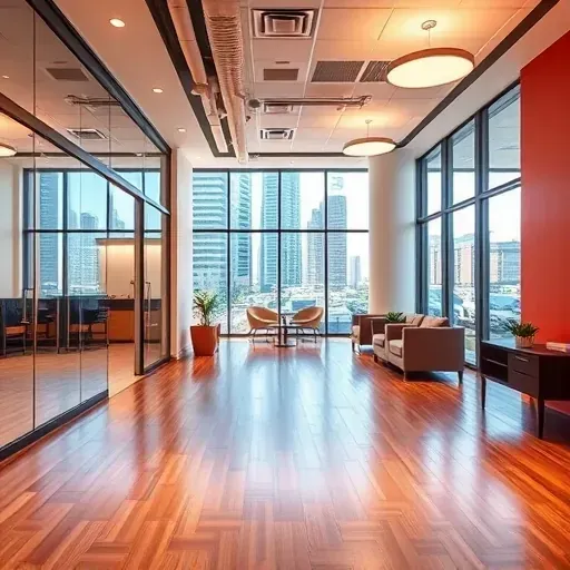 Freshly painted modern Milwaukee office and retail space with vibrant walls, polished floors, sleek glass, and city views