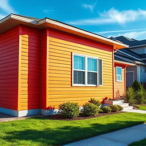 Freshly painted modern house siding in Milwaukee with vibrant smooth clapboard, lush yard, blue sky, highlighting quality craftsmanship