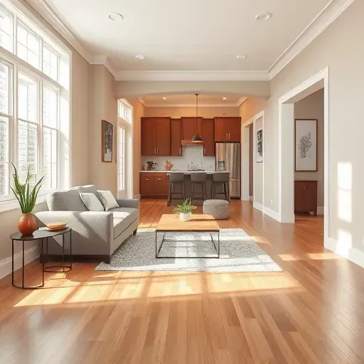 Freshly painted Shorewood living room with soft beige walls, gray sofa, and polished hardwood floor highlighting craftsmanship.