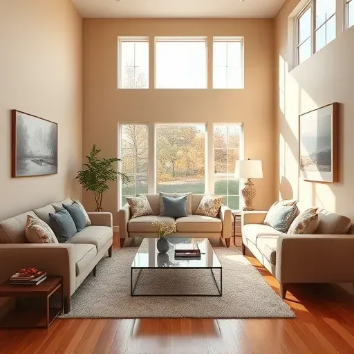 Freshly painted neutral living room in Waterford Wisconsin featuring flawless walls, modern decor, natural light, and polished hardwood flooring