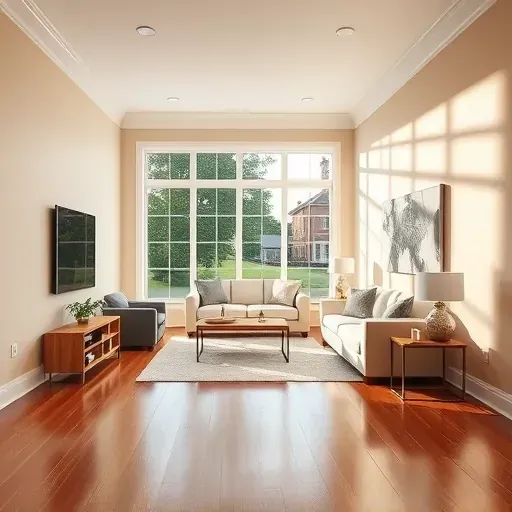 Beautiful living room in Glendale Wisconsin with freshly painted warm neutral walls, polished hardwood floors, modern cozy furniture, and large windows overlooking lush suburban landscape