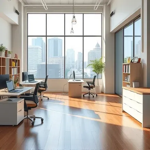 Milwaukee office and retail space with light gray walls, modern furniture, hardwood floors, large windows, city skyline