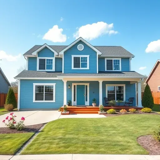 Recently completed painting project in Franklin WI featuring a blue house with white trim, landscaped lawn, and inviting porch.