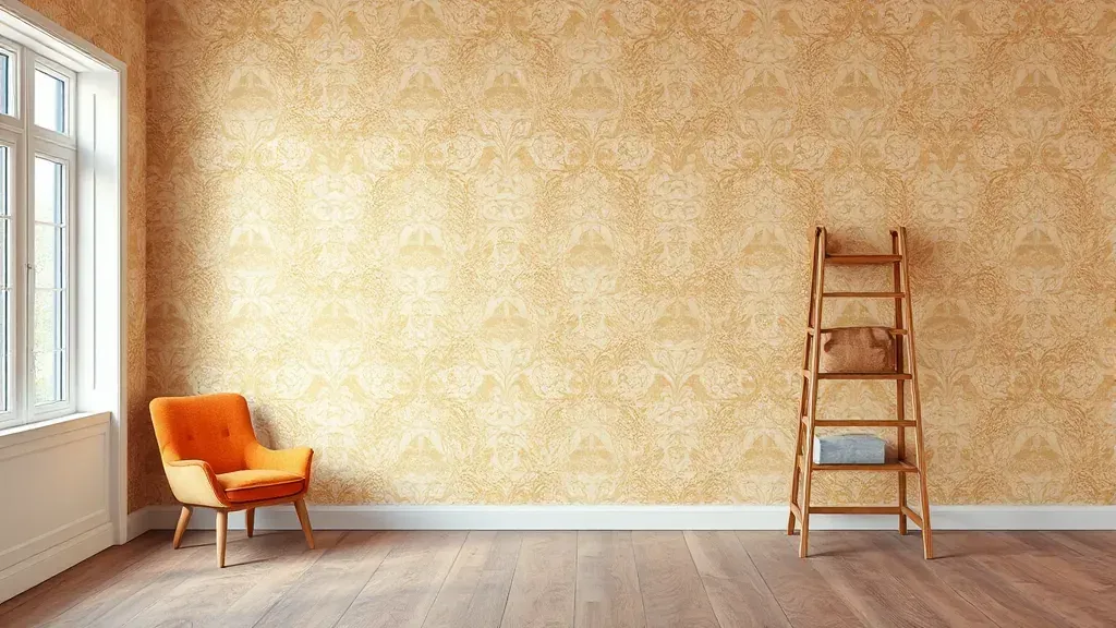 Wallpaper removal project in Milwaukee WI featuring tools and a partially stripped wall.