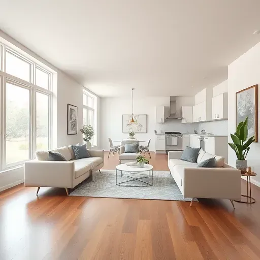 Beautifully painted modern living room in Pewaukee Wisconsin with large windows, hardwood floors, contemporary furniture, and a sleek kitchen