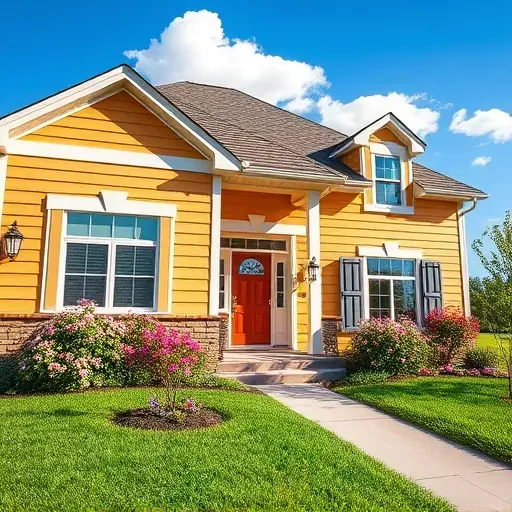 Freshly painted house exterior in Sussex WI with vibrant colors, lush garden, and bright blue sky creating an inviting scene.