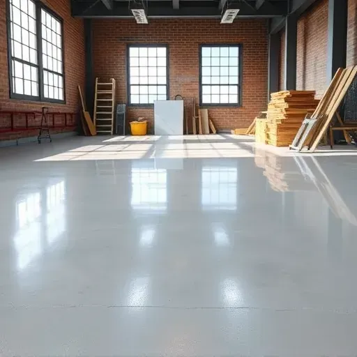 Freshly sealed concrete floor in Milwaukee warehouse with organized tools and industrial brick walls