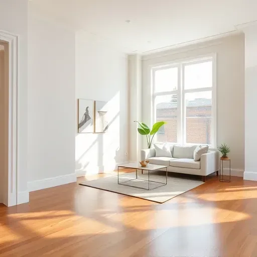Bright modern living room in Milwaukee with freshly painted neutral walls, elegant molding, and polished hardwood floors.