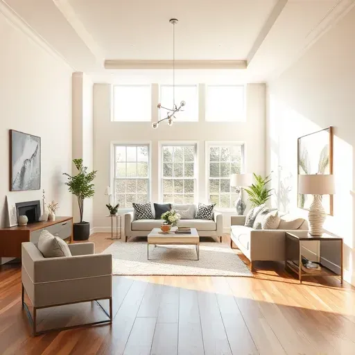 Freshly painted modern interior in Menomonee Falls Wisconsin with beige walls, white accents, hardwood floors, modern furniture, artwork, greenery, and natural light.