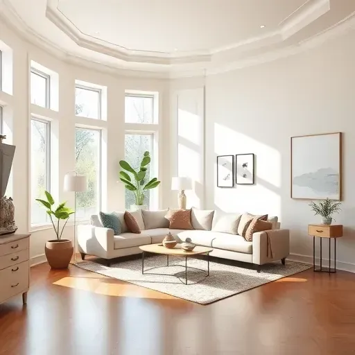 Modern New Berlin living room with neutral painted walls, crown molding, hardwood floors, natural light, and stylish furniture