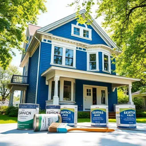 Completed painting project of a Victorian house in Thiensville WI with blue siding, white trim, and quality tools visible.