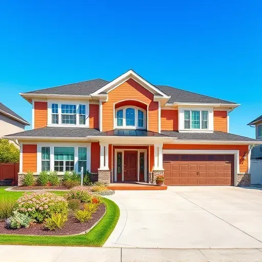 Beautifully painted modern home in Greendale WI with vibrant colors, trimmed garden, and clear blue sky.