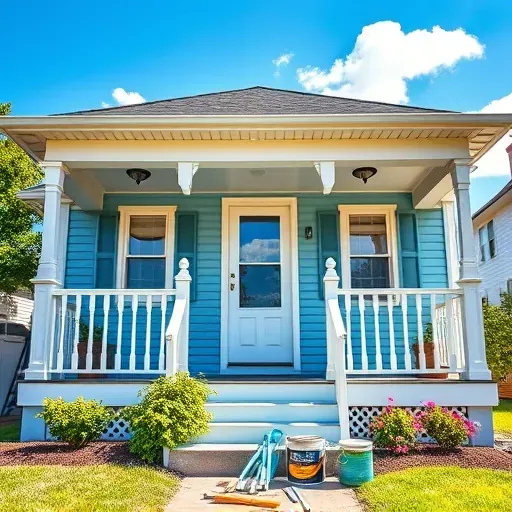 Charming residential home in Racine, WI with freshly painted soft blue siding and vibrant flower beds under a sunny sky.