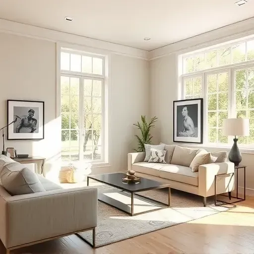 Sophisticated living room interior with neutral walls, modern furnishings, and natural light creating a polished atmosphere.