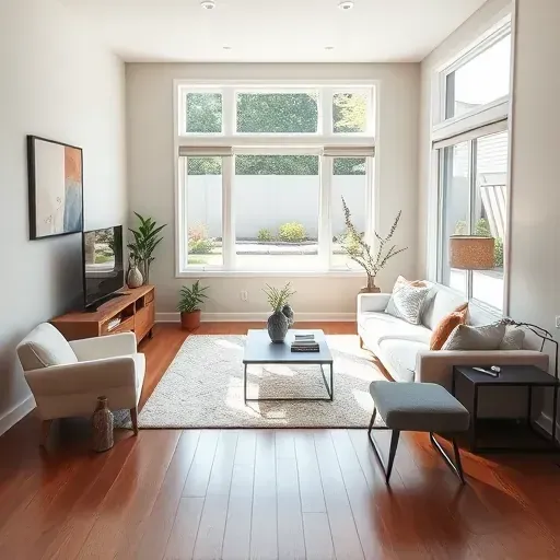 Modern living room in Germantown WI with freshly painted neutral walls, minimalist decor, and elegant natural light.
