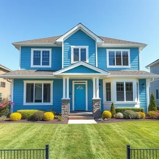 Residential home in West Allis with sky-blue paint, white trim, lush landscaping, and clear blue sky backdrop.