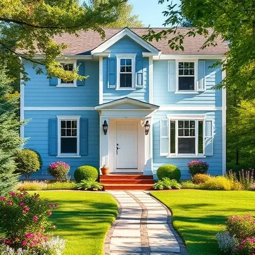 Beautifully finished home exterior with blue and white hues, showcasing quality craftsmanship and vibrant landscaping.