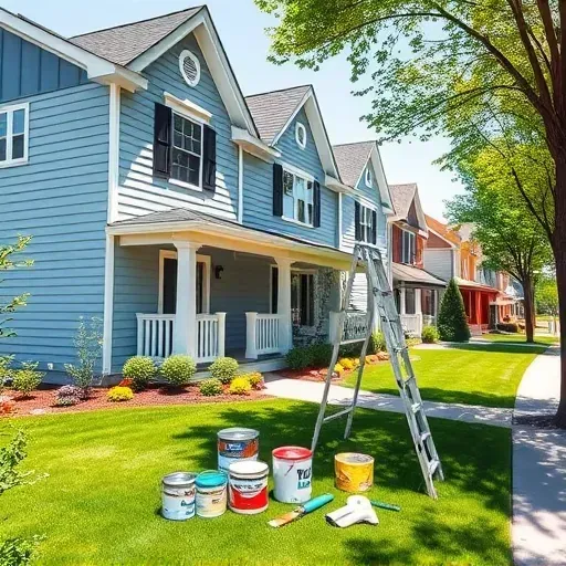 Freshly painted residential home in New Berlin WI, showcasing vibrant colors, manicured lawn, and organized workspace.