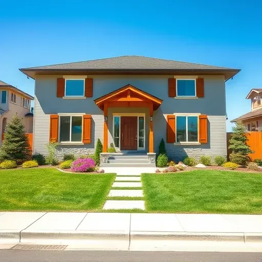 Freshly painted modern home in Bay View WI with vibrant colors, landscaped yard, and inviting blue sky.