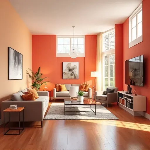Interior of a modern living room in Waterford WI with vibrant wall colors, hardwood floors, large windows, and tasteful decor