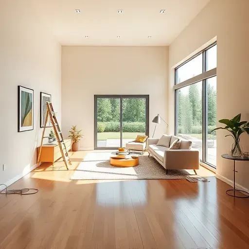 Freshly painted modern living room in Burlington Wisconsin with warm neutral walls, natural light, hardwood floors, minimalist decor, and clean professional finish