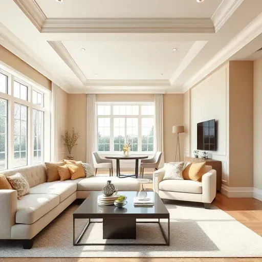 Recently renovated Sussex WI home interior with warm neutral walls, crown molding, modern sofa, and natural light.