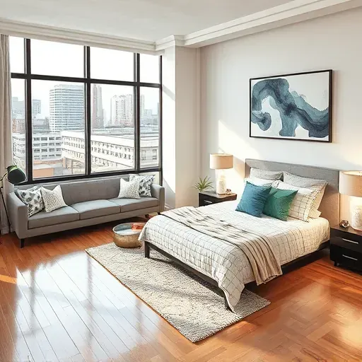 Beautiful Milwaukee living room and bedroom with cozy modern design, polished floors, and skyline views