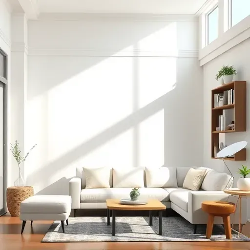 Freshly painted vibrant white living room wall in Cedarburg WI showcasing smooth finish, subtle textures, crown molding, modern decor, and natural lighting