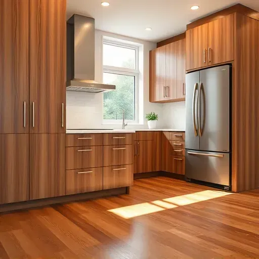 Refurbished Milwaukee kitchen with glossy wood cabinets, brushed nickel hardware, quartz countertop, hardwood floors, stainless appliances.