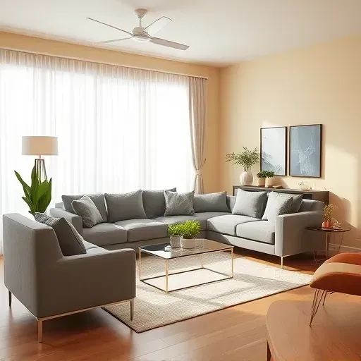 Modern living room interior with neutral walls, sleek gray sofa, glass table, potted plants, artwork, hardwood floors, natural light