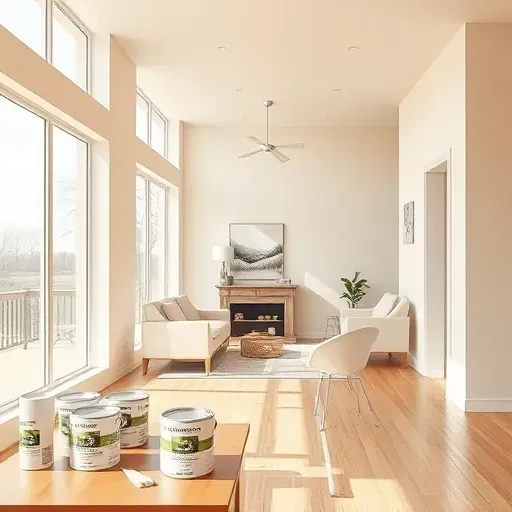 Freshly painted interior in Union Grove WI with smooth neutral walls, natural light, eco-friendly paint cans, and modern decor