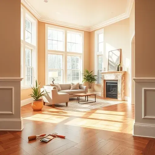 Freshly painted interior showcasing warm neutral tones, polished hardwood, modern trim, and organized painting tools in Waterford, WI.