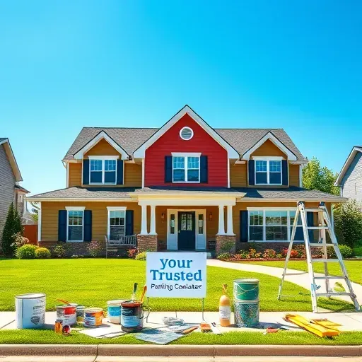 Completed painting project in Union Grove WI, showcasing vibrant home exterior, lush landscaping, and organized tools.