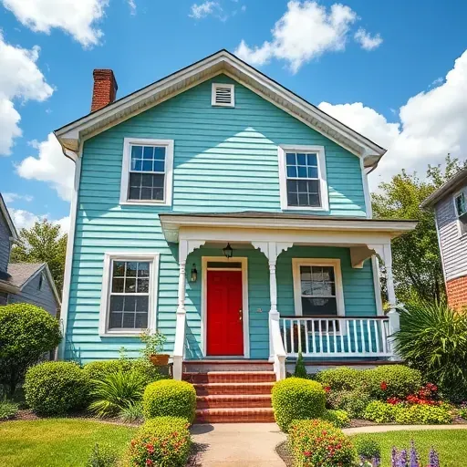 Charming two-story house in Oak Creek, WI with soft teal siding, white trim, and red door surrounded by lush landscaping.