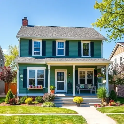 Freshly painted Milwaukee house exterior with vibrant siding, detailed architecture, lush landscaping, and bright blue sky