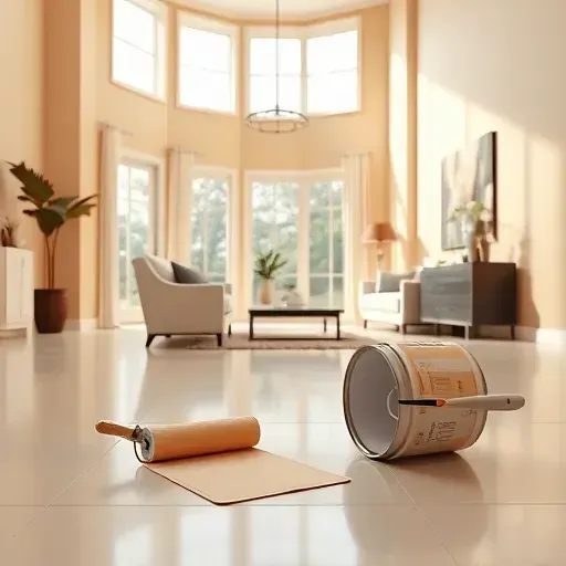 Freshly painted warm neutral walls in a well-lit modern living room with painting tools and neat details in River Hills WI