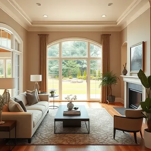 Freshly painted living room with neutral tones, modern furniture, artwork, natural light, lush backyard view, and elegant decor