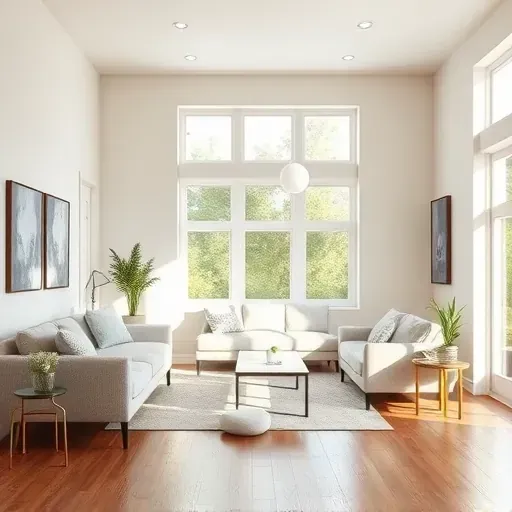 Modern Germantown living room with smooth neutral walls, natural light, stylish furniture, hardwood floors, and lush greenery